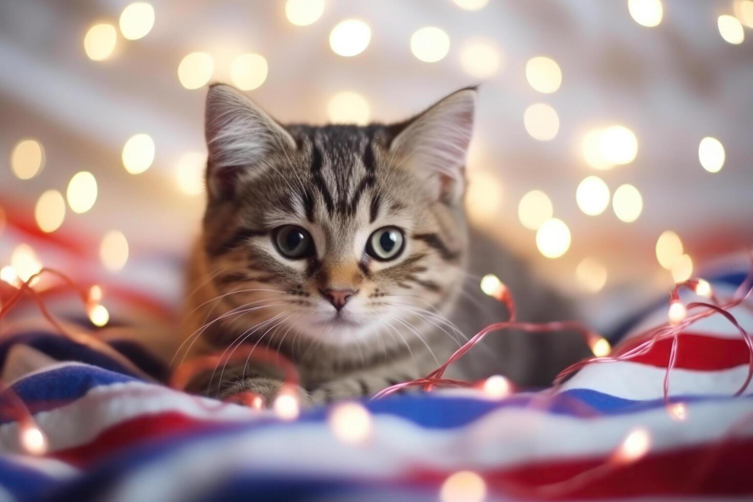 Cute tabby kitten with American flag and Christmas lights in background. 4th of July Independence day. photo