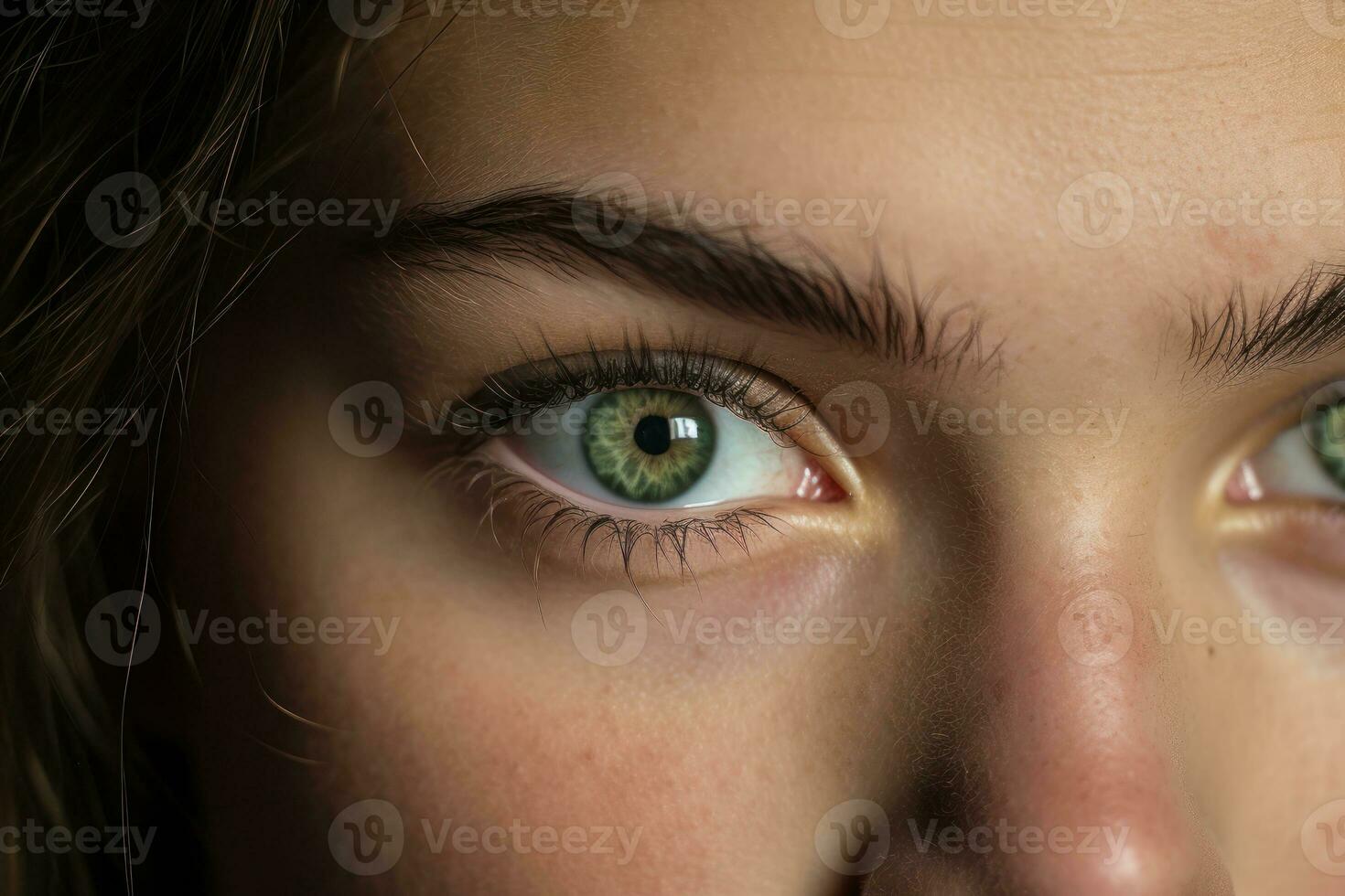 Beautiful human blue eyes close up. Macro focus eyeball. AI Generated photo