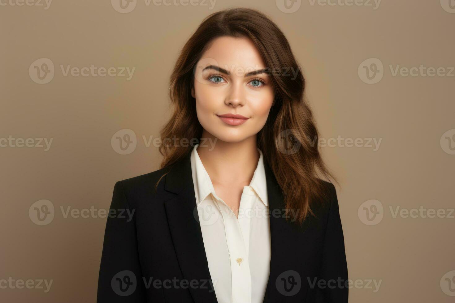 retrato de hermosa joven mujer con contento y confidente cara en estudio antecedentes. negocio concepto. ai generado foto