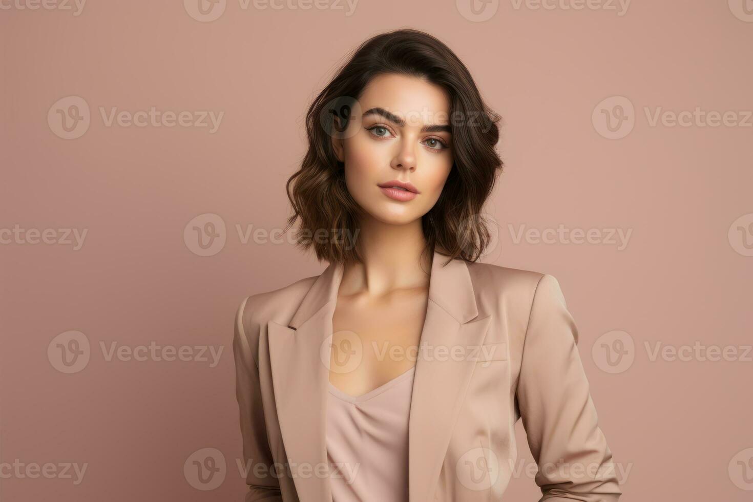 Portrait of beautiful young woman with happy and confident face on studio background. Business concept. AI Generated photo