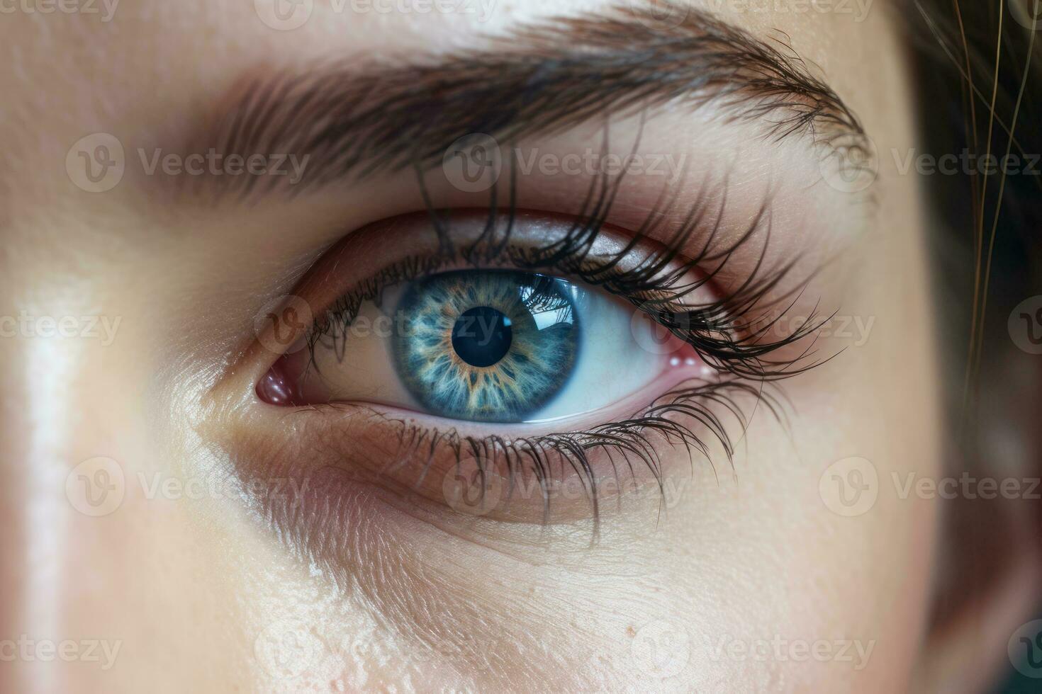 Beautiful human blue eyes close up. Macro focus eyeball. AI Generated photo