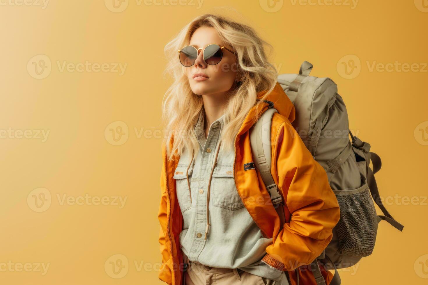 Portrait of young europe woman with tourist backpack isolated on studio background. Travel concept. AI Generated photo