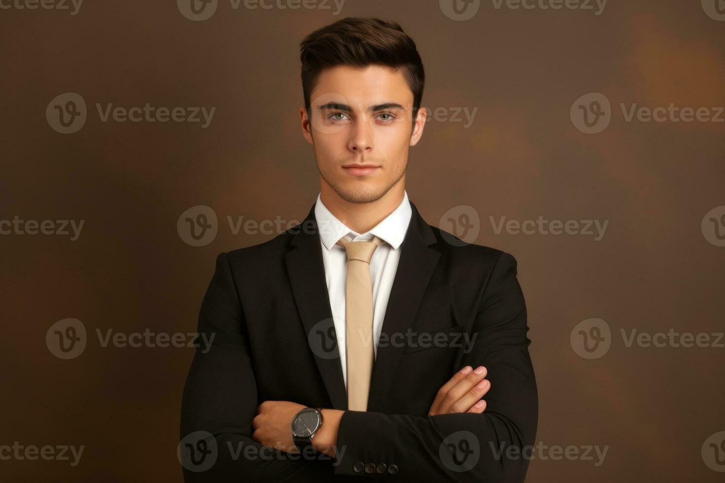 Portrait of smart young man with happy and confident face on studio background. Business concept. AI Generated photo