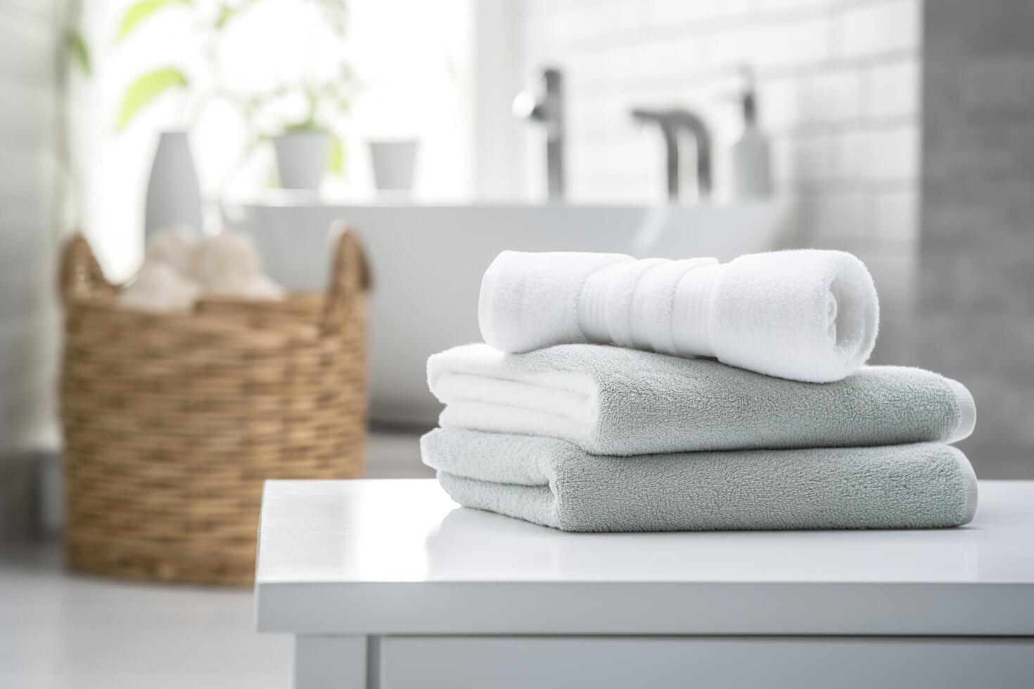 the world's softest towels against a minimalistic background. Stacked white towels sit on top of a soap dish in a bathroom. AI Generative photo