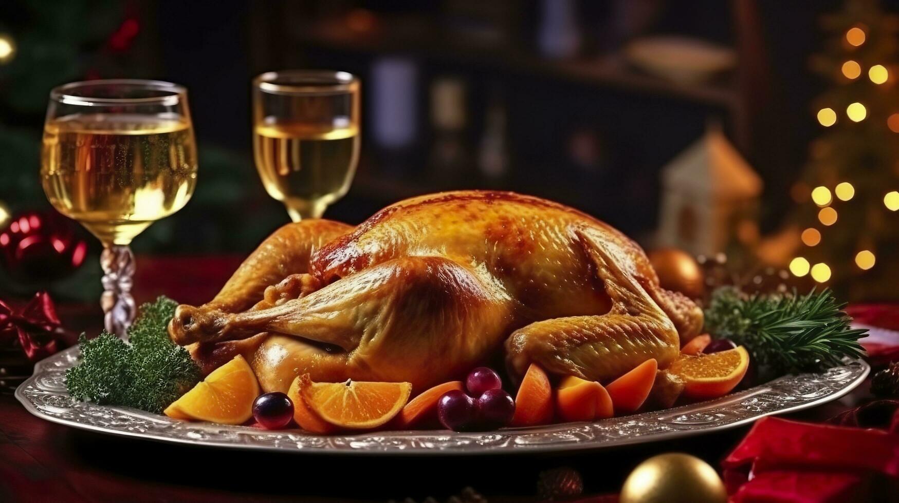 Juicy and tasty roast turkey on a plate with Christmas decorations. Roasted chicken with vegetables, Roast chicken party, all kinds of food, beer. AI Generative photo