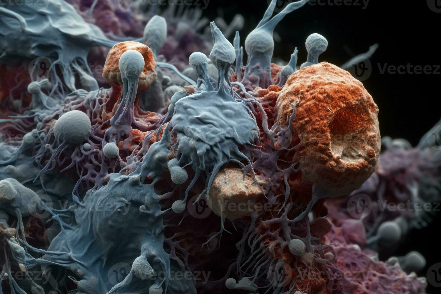 Microscopic scale mold, bacteria, Virus, cell in multiple color abstract concept, AI Generated. photo