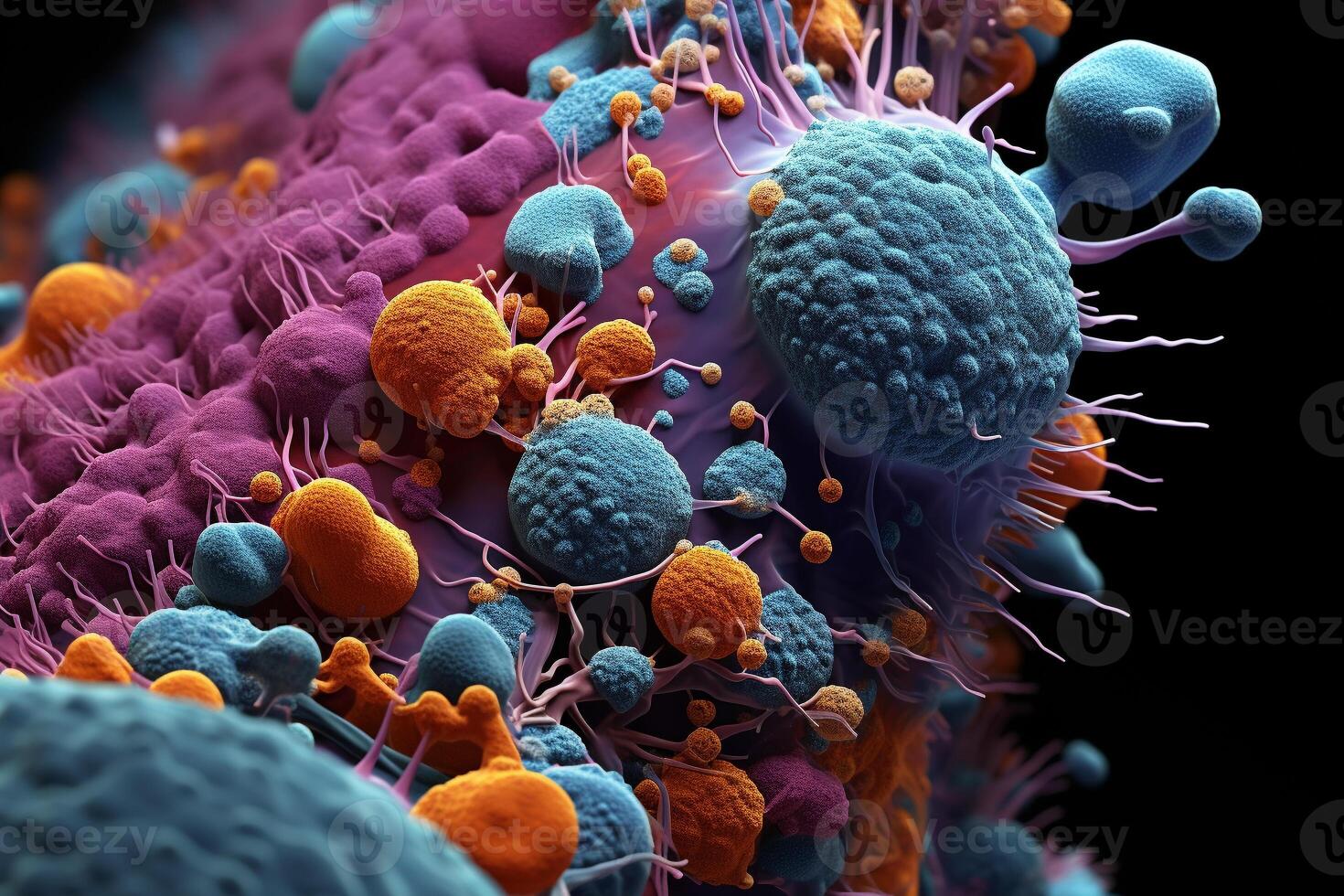 Microscopic scale mold, bacteria, Virus, cell in multiple color abstract concept, AI Generated. photo