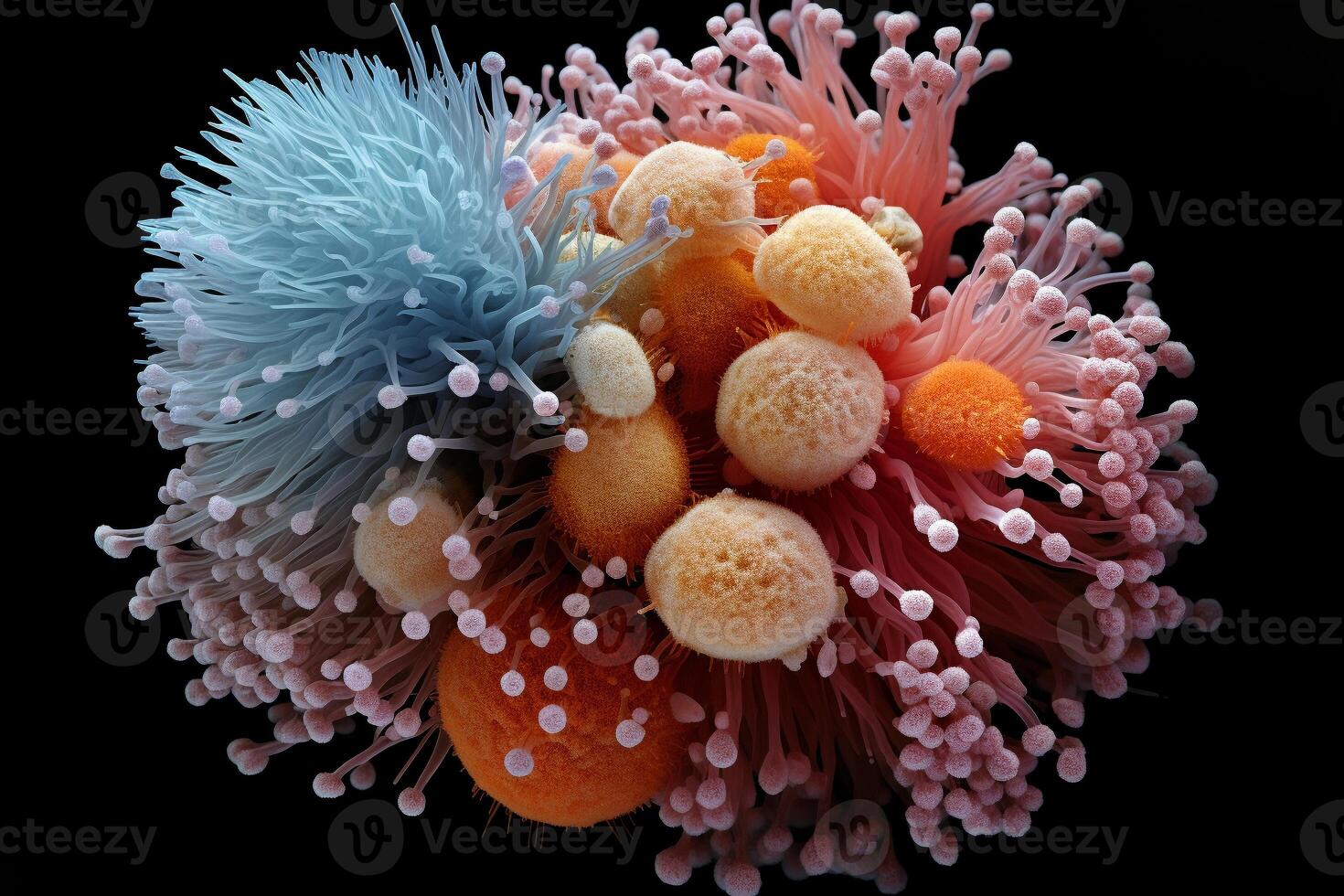 Microscopic scale mold, bacteria, Virus, cell in multiple color abstract concept, AI Generated. photo