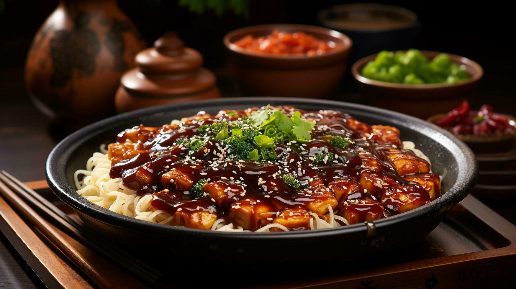 AI Generated delicious Jajangmyeon, jjajangmyeon, Korean-style Chinese noodle dish topped with thick sauce. photo