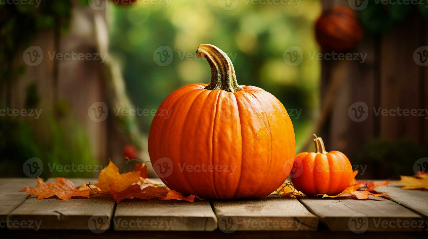 AI Generated Autumn pumpkin with maple leaves over wooden table background. Thanksgiving harvest design concept photo