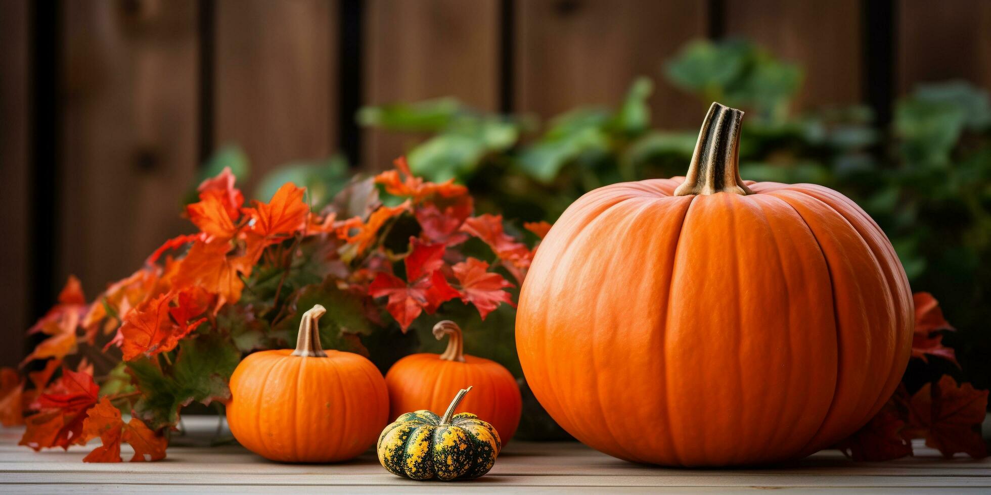 AI Generated Autumn pumpkin with maple leaves over wooden table background. Thanksgiving harvest design concept photo