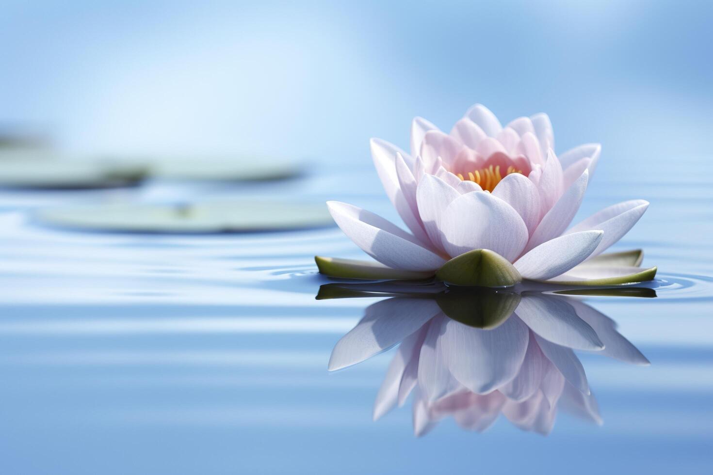 A floating lotus flower on the calm surface of a pond symbolizes the potential for transformation and spiritual growth through the practice of meditation and mindfulness. AI Generative photo