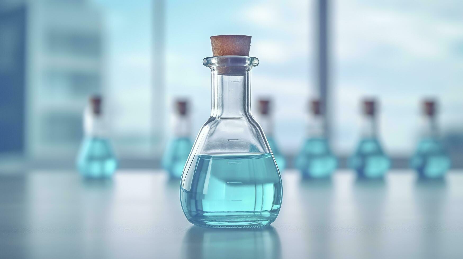 A Science Beaker in the laboratory on a table white and light blue background. laboratory equipment out of focus. AI Generative photo