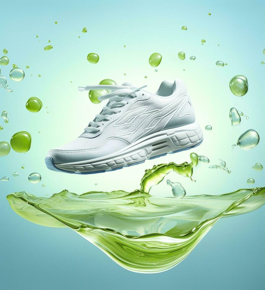 Fresh fly running shoes in water and wind in the style of natural patterns light white and light indigo ethereal illustration light blue and light green delicate still life. AI Generative photo