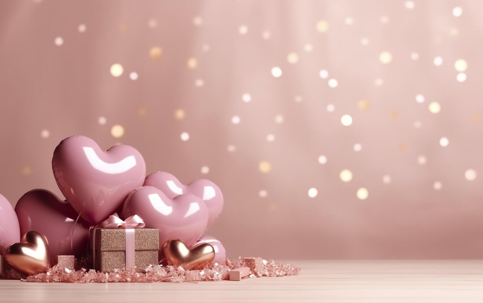 Happy Valentines Day banner. Pink and gold hearts foil balloons with gifts on pink bokeh. Valentine's Day background. Romantic banner Background, empty space for text,  AI Generative photo