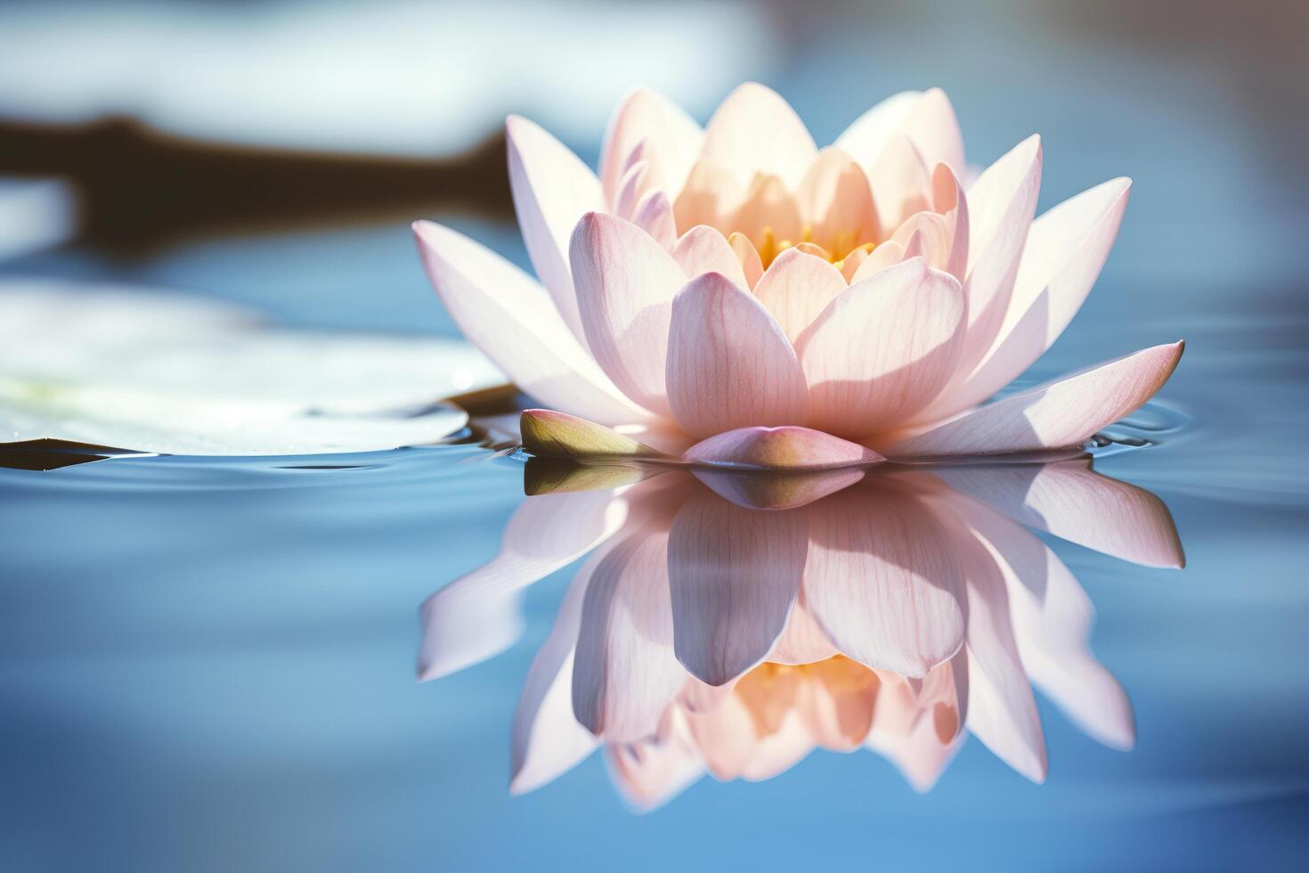 A floating lotus flower on the calm surface of a pond symbolizes the