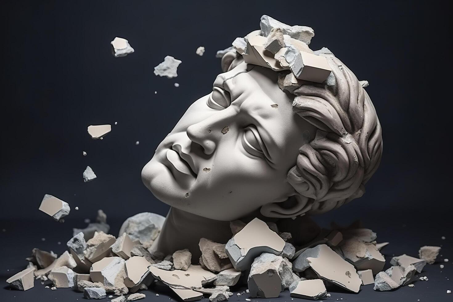 Broken ancient greek statue head falling in pieces. Broken marble