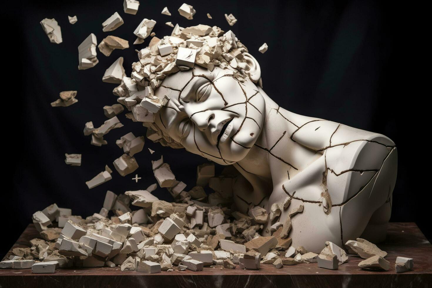 Broken ancient greek statue head falling in pieces. Broken marble sculpture, cracking bust, concept of depression, memory loss, mentality loss or illness. AI Generative photo