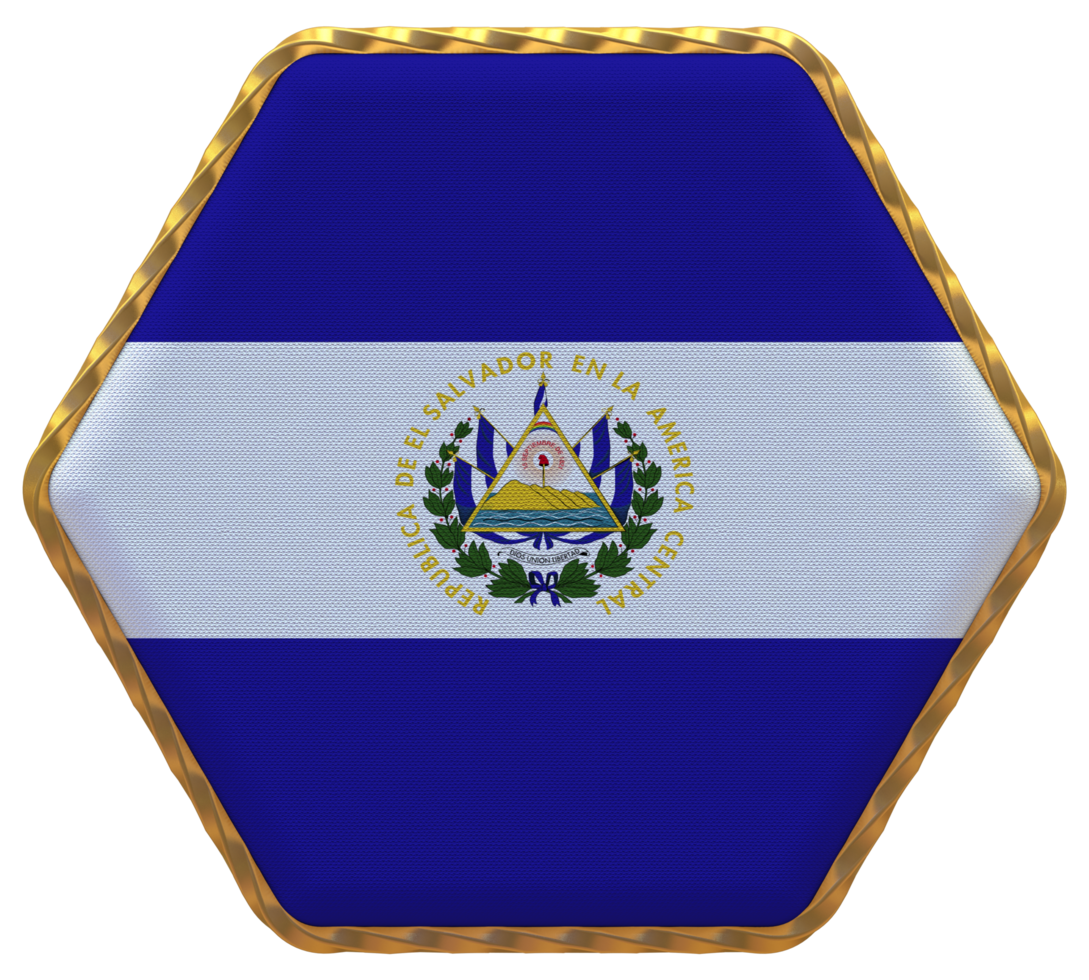 El Salvador Flag in Hexagon Shape with Gold Border, Bump Texture, 3D Rendering png