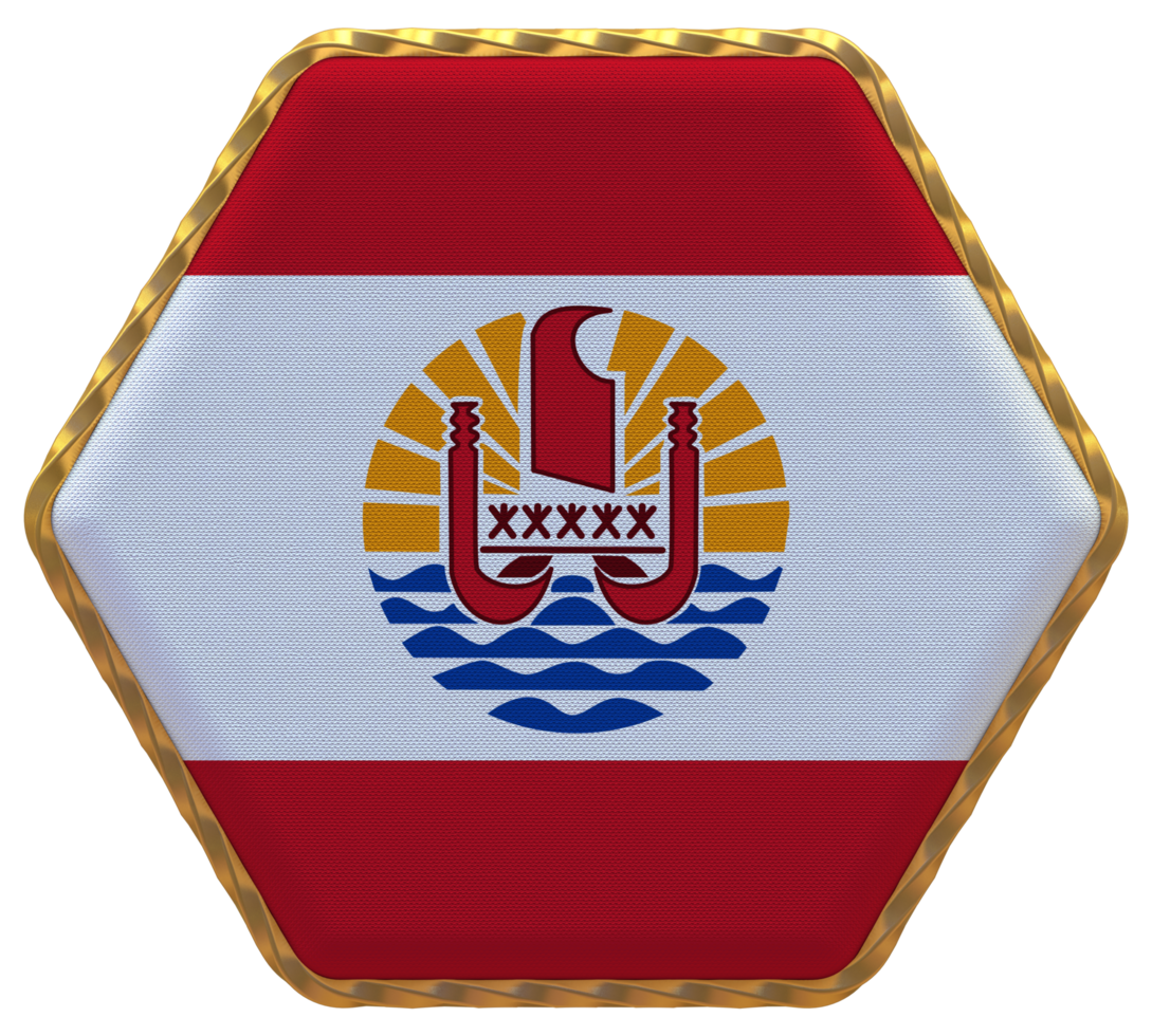 French Polynesia Flag in Hexagon Shape with Gold Border, Bump Texture, 3D Rendering png