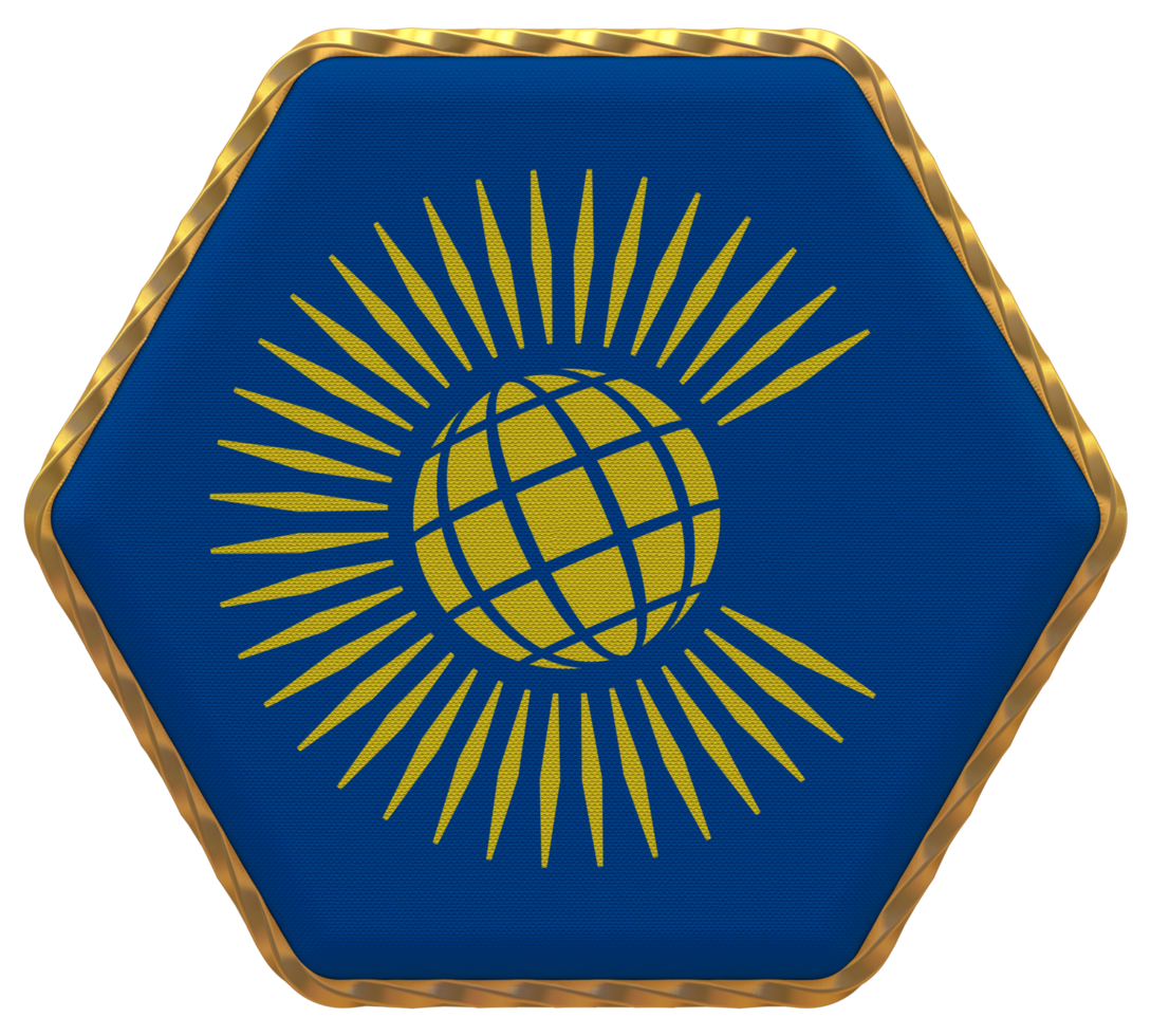 Commonwealth of Nations Flag in Hexagon Shape with Gold Border, Bump Texture, 3D Rendering png