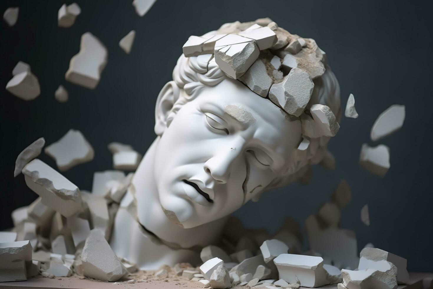 Broken ancient greek statue head falling in pieces. Broken marble sculpture, cracking bust, concept of depression, memory loss, mentality loss or illness. AI Generative photo