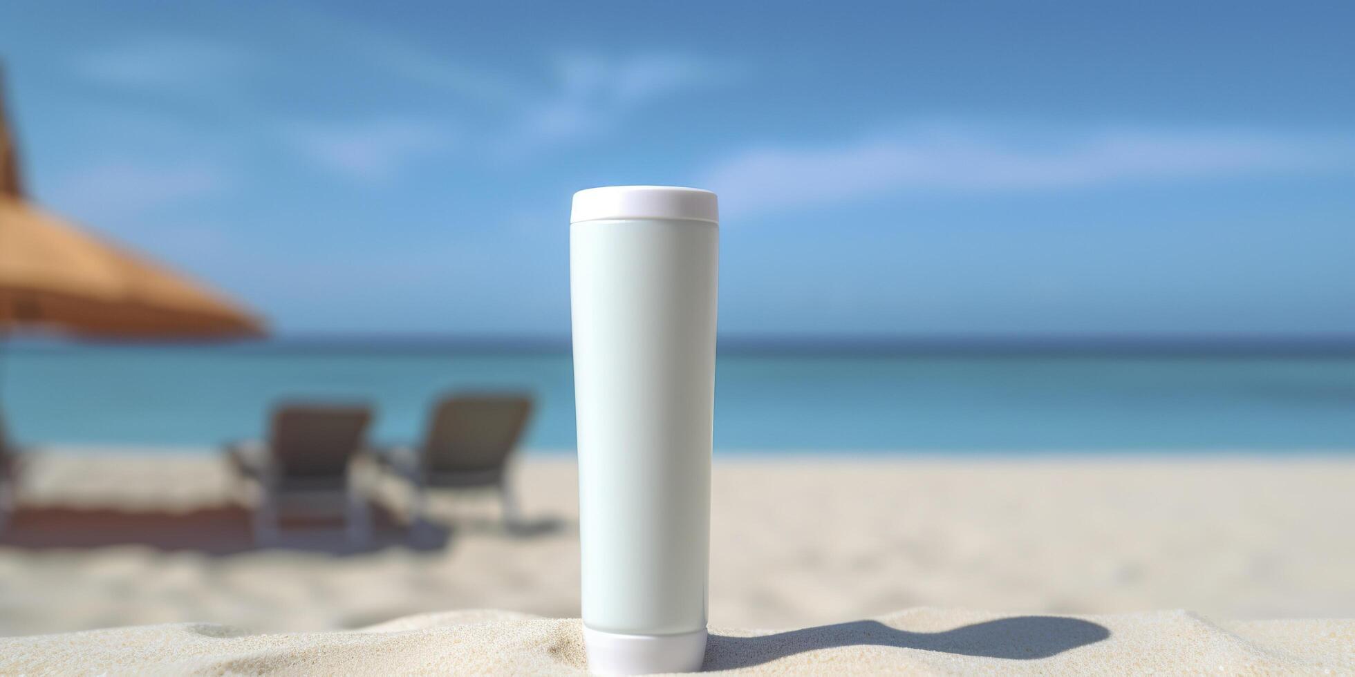 Blank empty white plastic tube. Sunscreen lotion on a sandy beach, summer composition with sunglasses, blue sea as background, copy space. Summer vacation and skin care concept, AI Generative photo