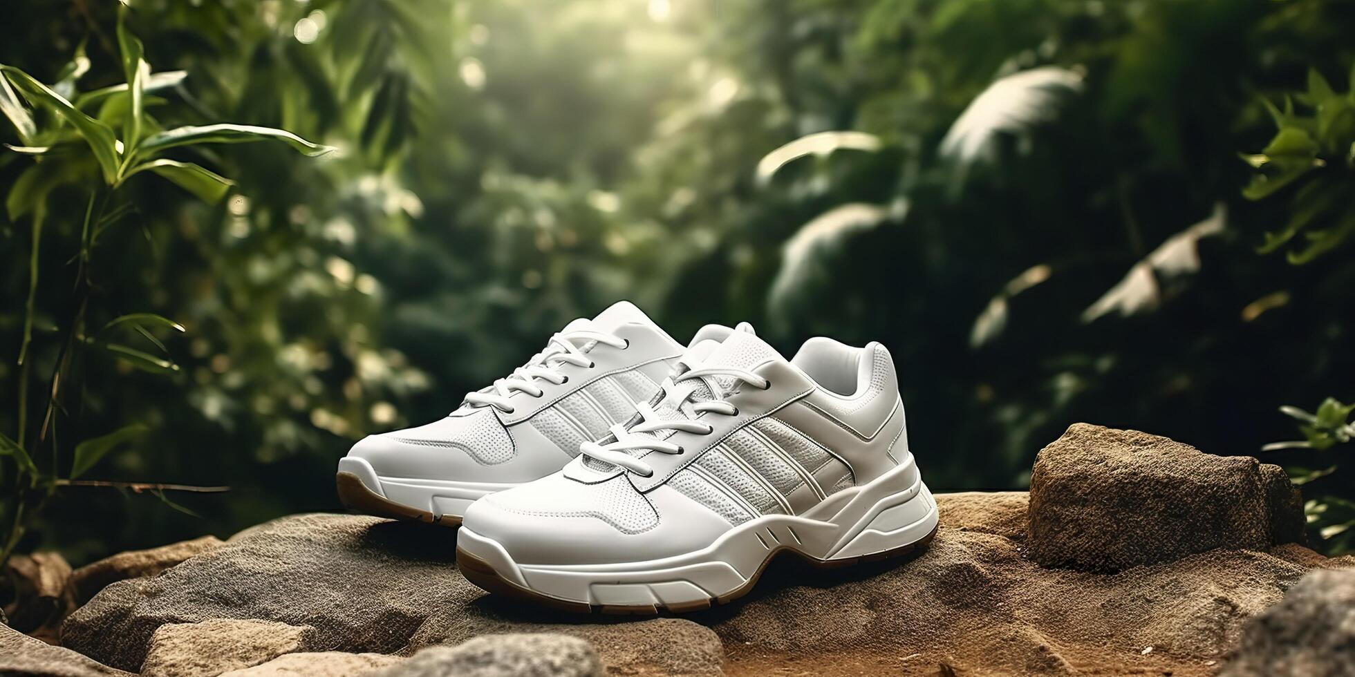 White Blank Sports shoes Mockup with natural theme background. AI Generative photo