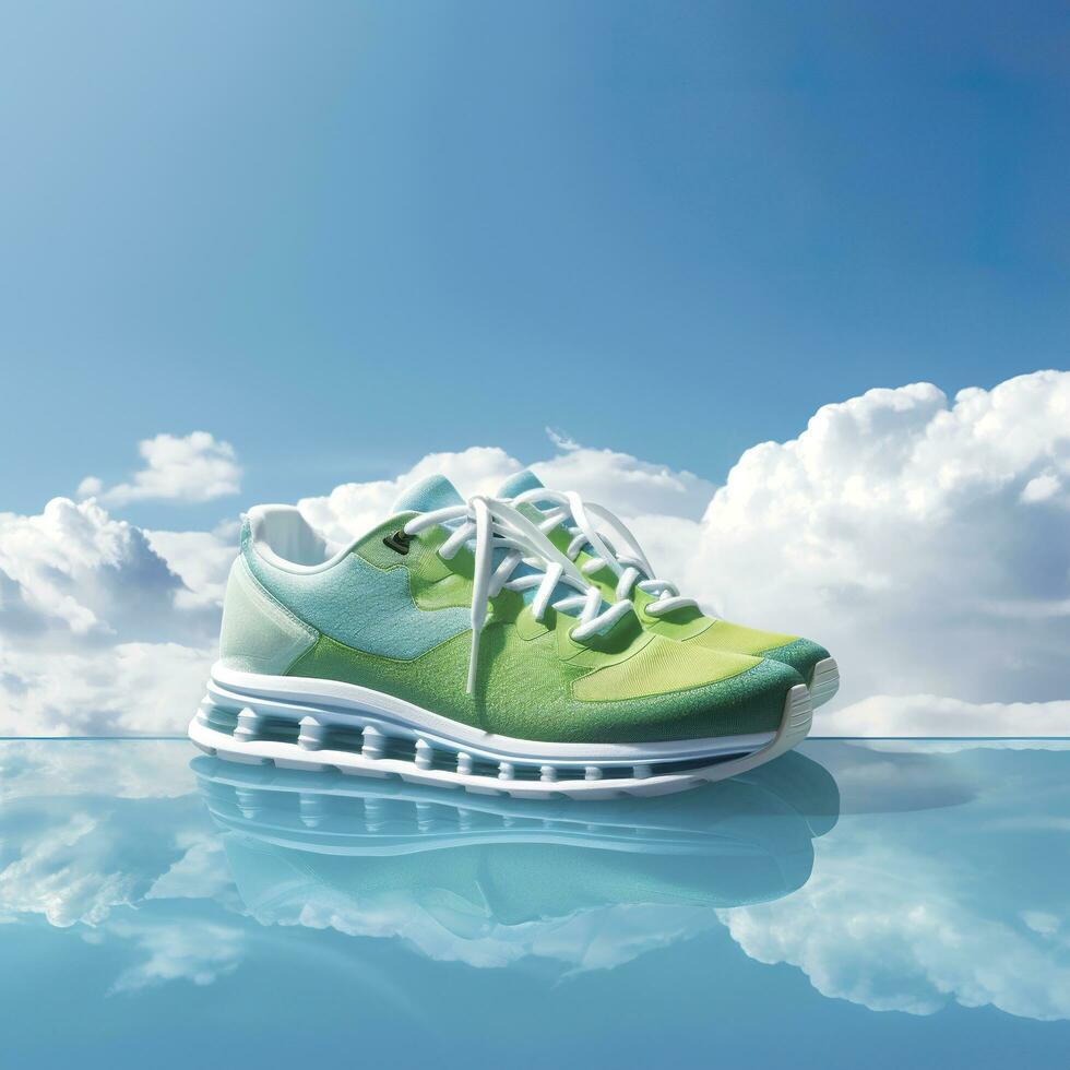 Close up  green sports shoes on a blue sea level with blue sky and white clouds bright light background. Creative advertisement. AI Generative photo