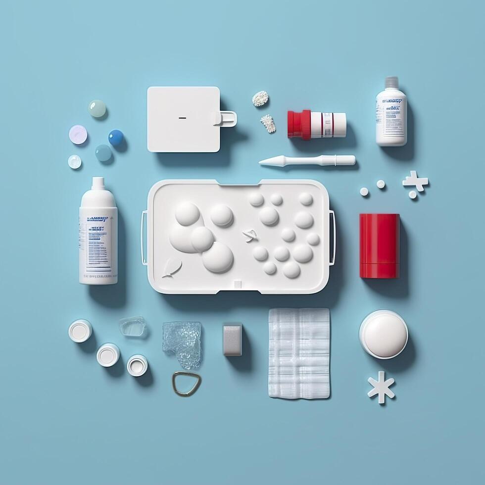 First aid kit top view on a blue background. Pills, plaster, thermometer, bandage, are laid out nearby, 3d render, AI Generative photo