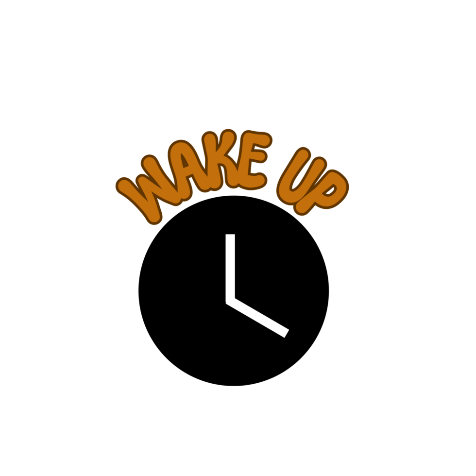 Wakeup text calligraphy with clock black silhouette, Clock Silhouette drawing, clock Silhouette art, clock Silhouette design, wake up typography, clock illustration on transparent background png