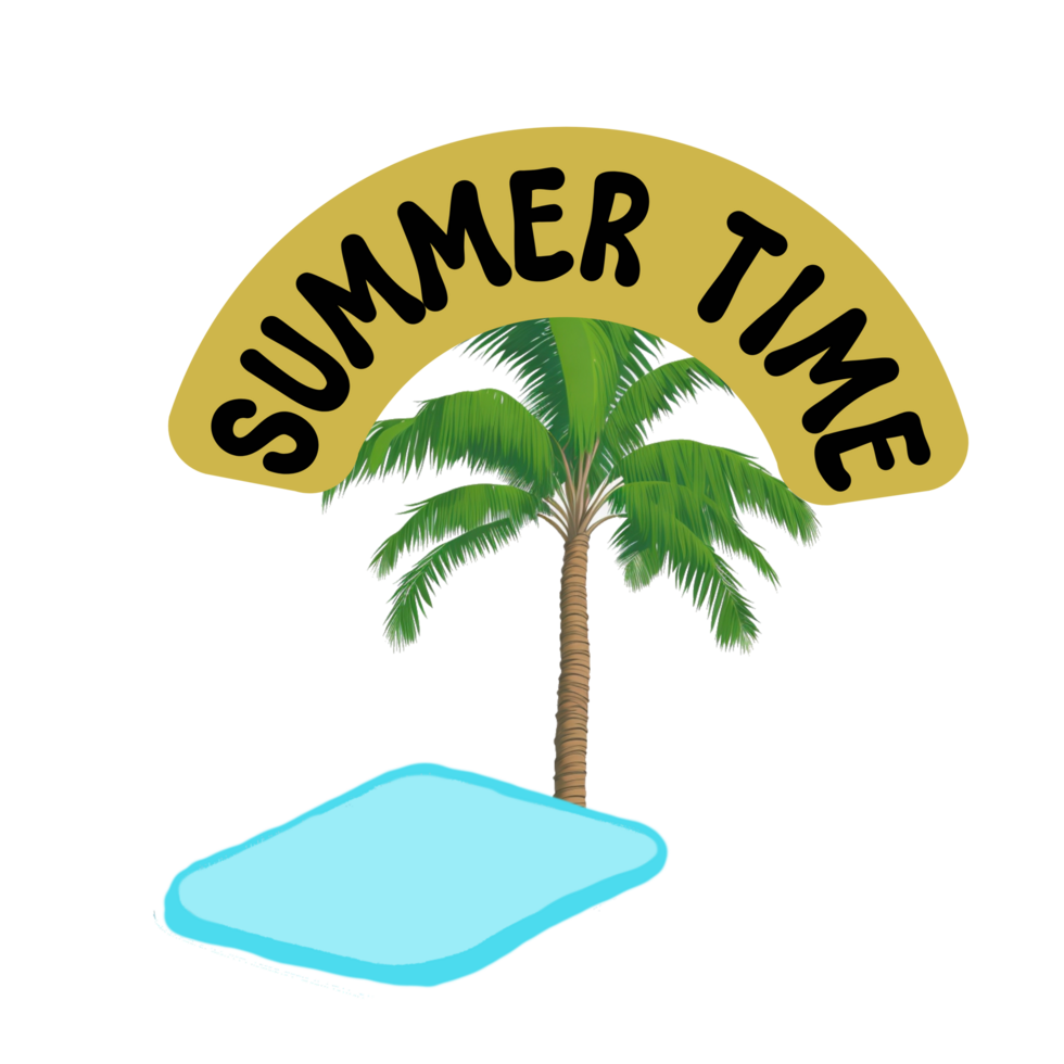 summer time text calligraphy with coconut tree and swimming pool illustration, coconut tree with swimming pool clipart, summer time typography  on transparent png