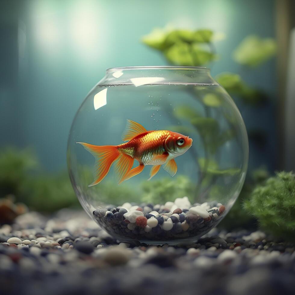 Beautifully colored goldfish swim in the clear aquarium water. 3d animation swimming goldfish.  AI Generative photo