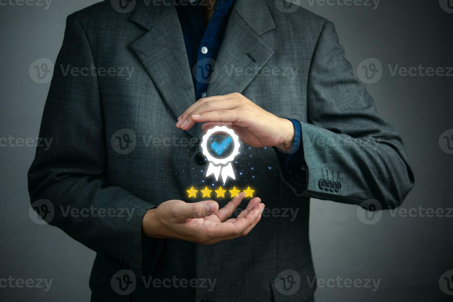 Customer satisfaction service, five star on a virtual digital screen concept of surveying rating satisfaction, quality feedback review, evaluation good product service. photo