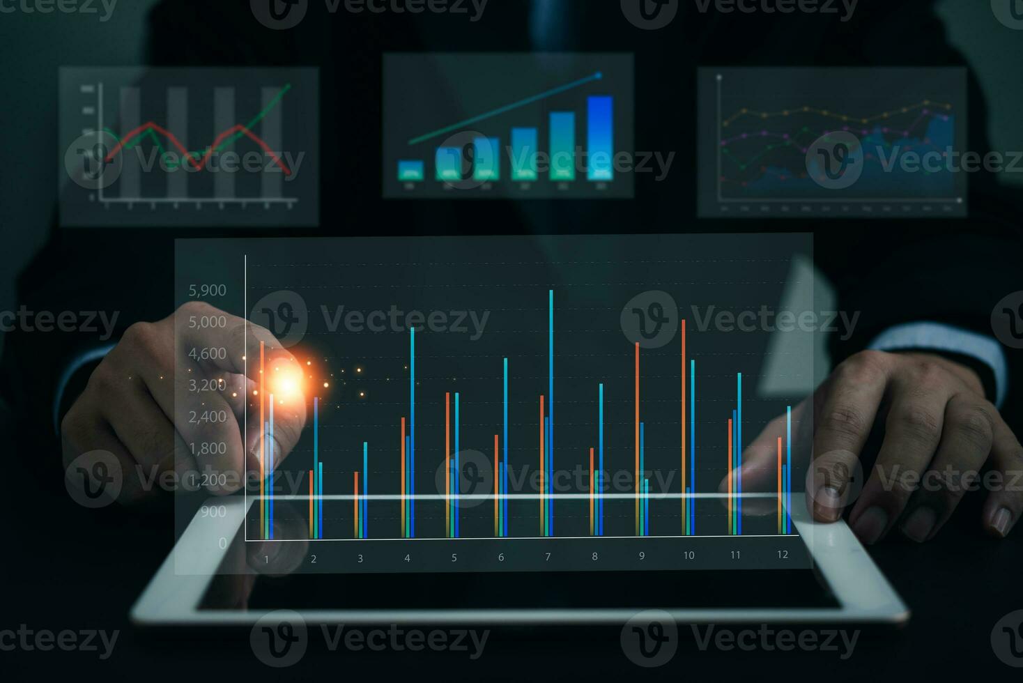 Business analysis big data screen and economic growth with financial graph. digital tablet marketing plan, Investment concept of virtual dashboard technology visualization. photo