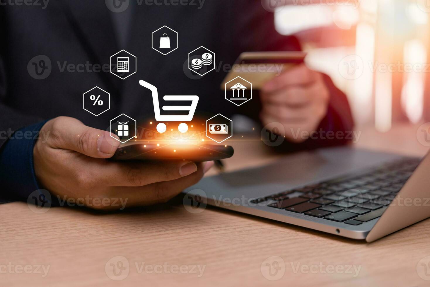 man using smartphone shopping online and e-commerce icon on screen mobile phone. purchase payment on internet. Digital marketing and financial banking. photo