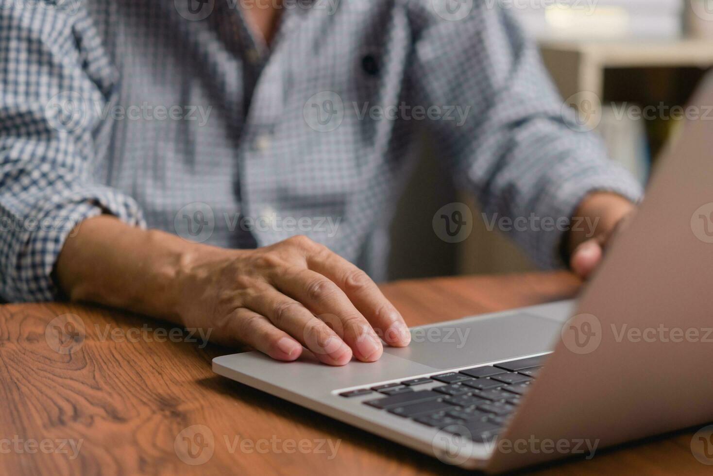 Businessperson using keyboard laptop computer job search, communication social networking, internet online Information, working data marketing concept. photo