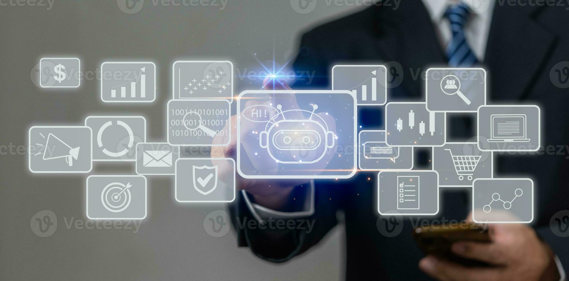 AI Artificial Intelligence and conversational chatbots businesses digital technology interact with applications, including customer service, sales and marketing and big data virtual screen. photo