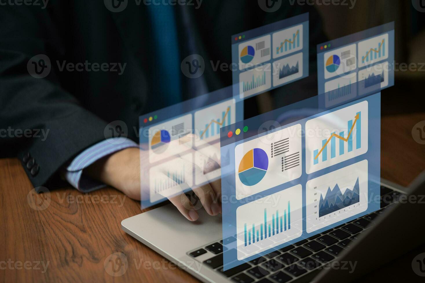 person using computer big data analysis dashboard on virtual screen. Business graph and chart report financial and information marketing plan strategy success concept. photo