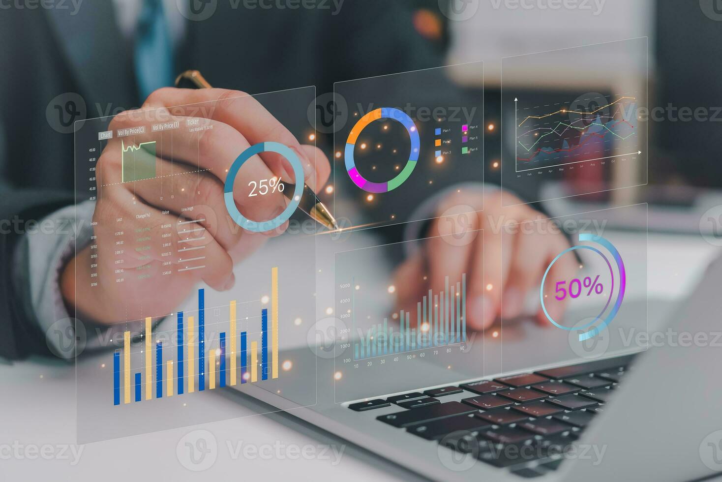 Business development and technology Data analyst for report marketing strategy planning. graph analysis and information on a futuristic virtual interface screen. photo