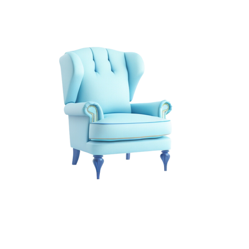 minimaliste moderne vivant pièce bleu fauteuil siège clipart sur transparent arrière-plan, moderne Accueil décor intérieur isolé en bois accent chaise, vivant pièce meubles décor, un séance canapé ou canapé png