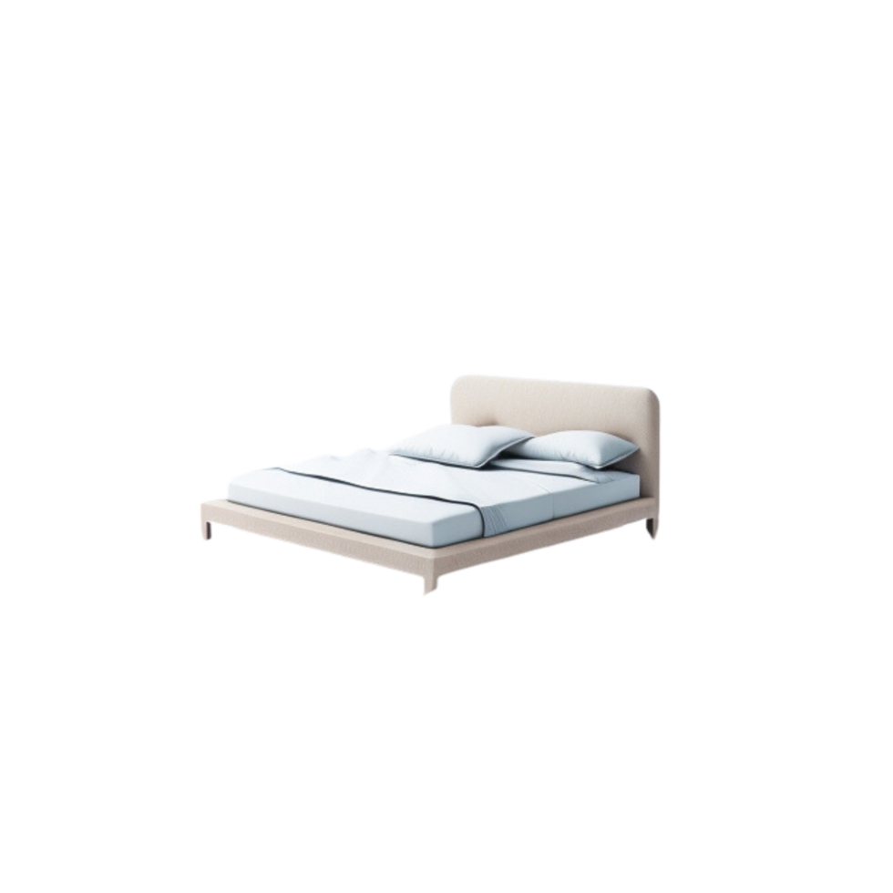 Minimalistic modern Cozy sand colored tufted Bed with Pillow and Blanket clipart on transparent background, isolated sand colored Mattress, Cozy sand colored Cot furniture with bed sheets png