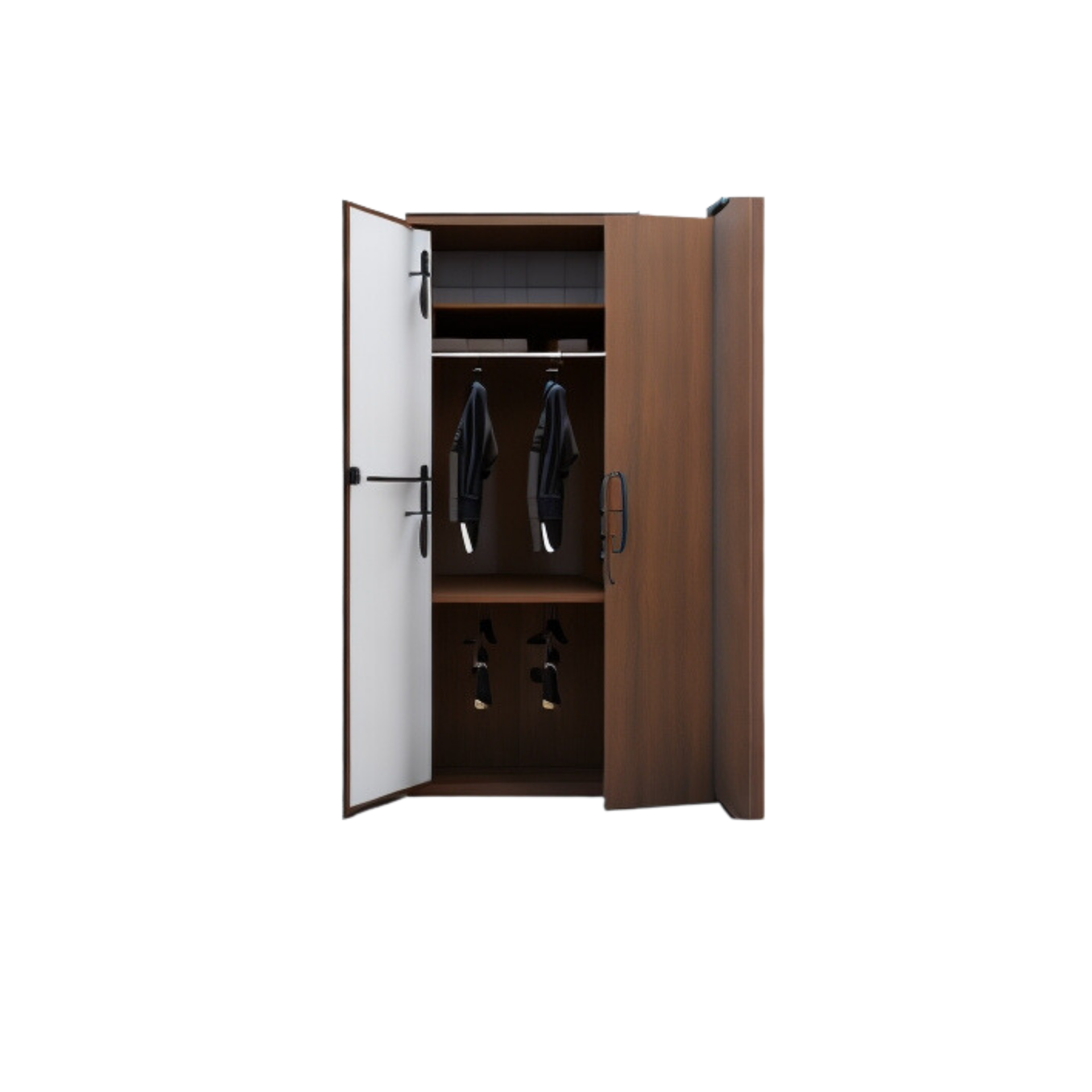 Wooden Brown Empty Closet with shelves and hangers clipart on transparent background, empty