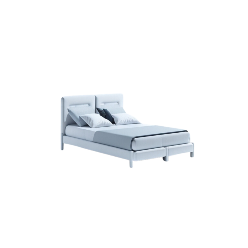 Minimalistic modern Cozy White  Bed with Pillow and Blanket clipart on transparent background, isolated White  Mattress, Cozy White  Cot furniture with bed sheets png
