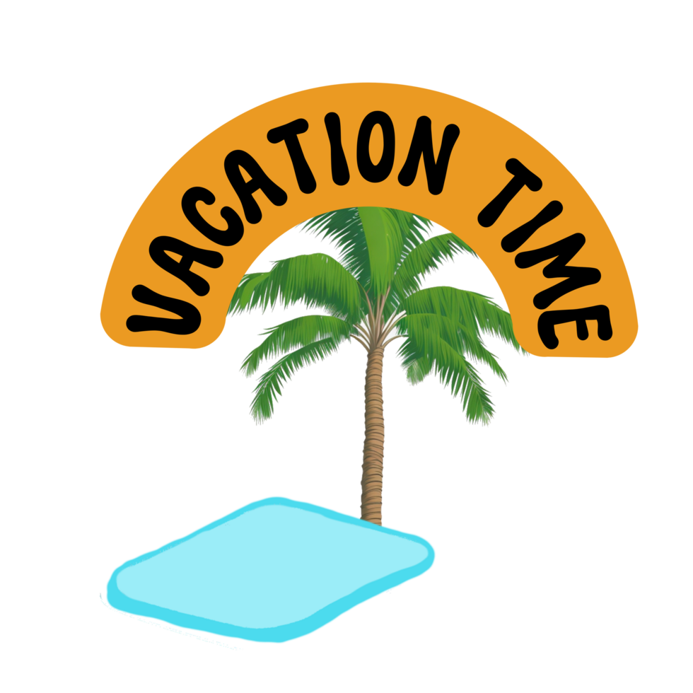 vacation time text calligraphy with coconut tree and swimming pool illustration, coconut tree with swimming pool clipart, vacation time typography  on transparent png