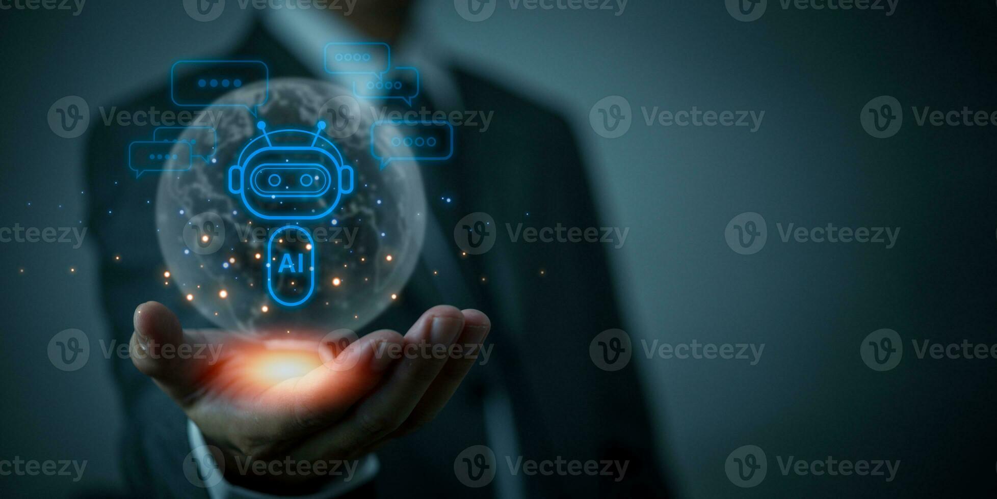 AI Artificial Intelligence and conversational chatbots businesses digital technology interact with applications, including customer service, sales and marketing and big data virtual screen. photo