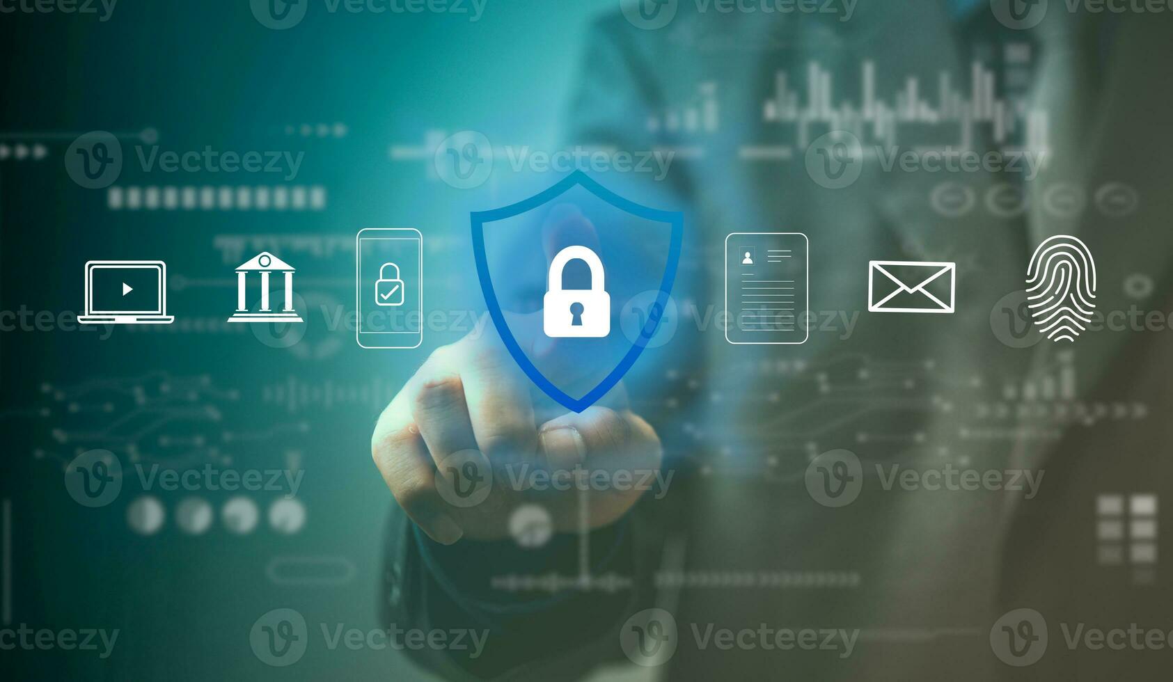 Internet network cybersecurity concept. business people protect personal information. Data finance and banking a key icon on the virtual interface. photo