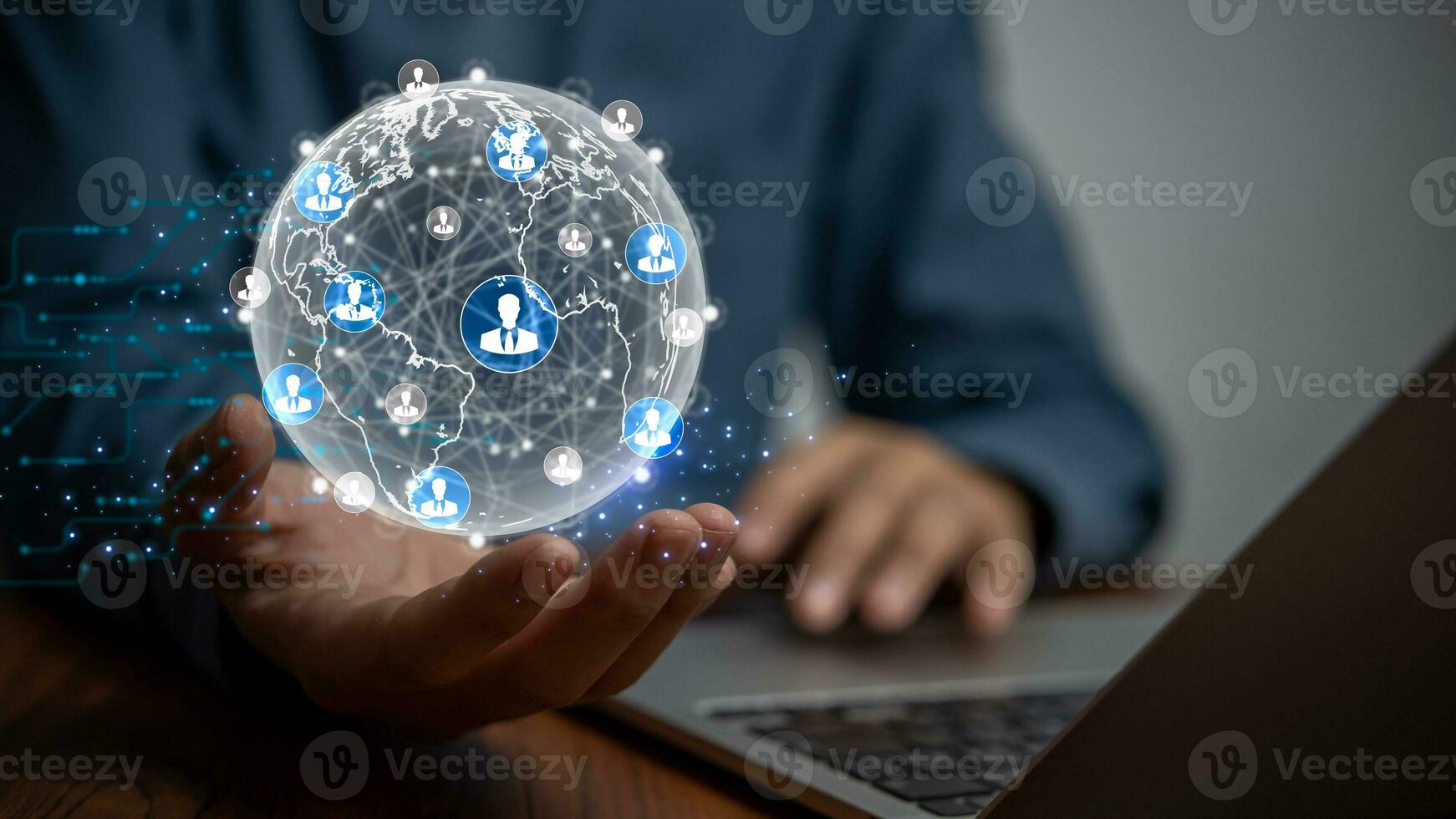 Customer relationship management with global Human Resources. Data development and business investment growth up customer service, social media, digital marketing online concept on virtual screens. photo