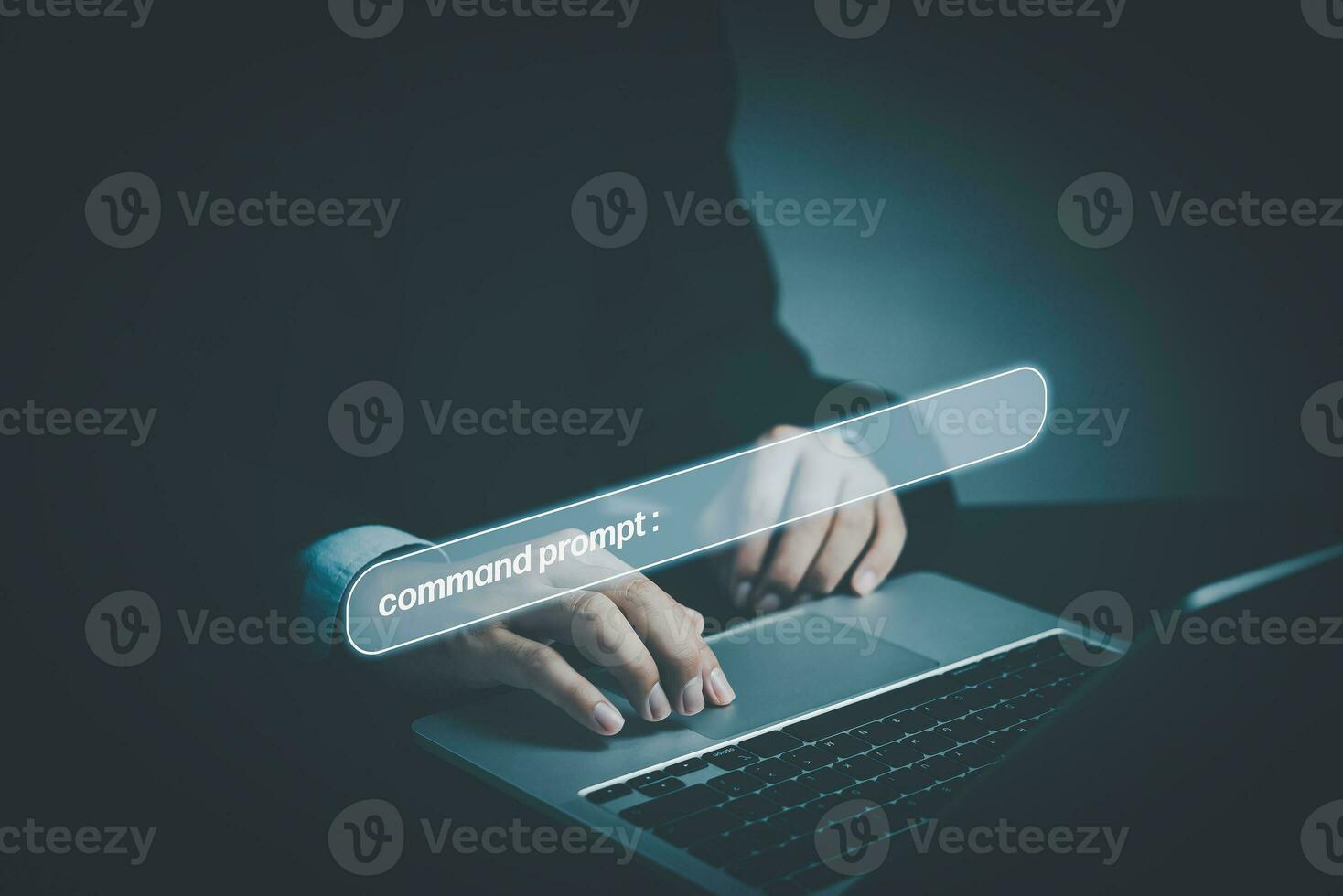 command prompt virtual screen digital technology. businessperson using computer AI Artificial Intelligence internet. photo