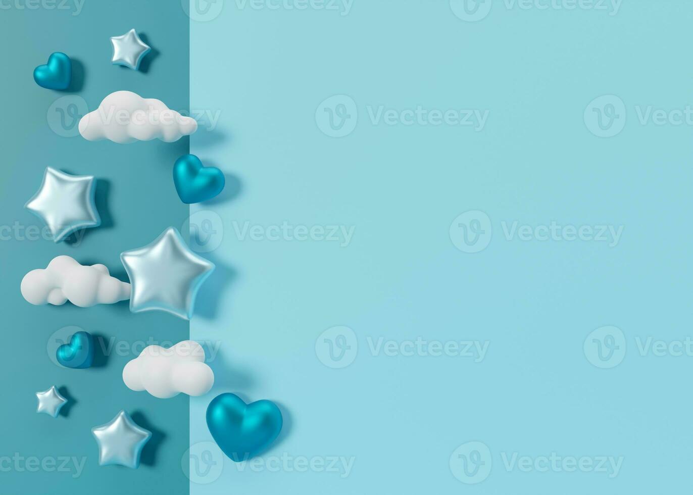Blue background with hearts, clouds, stars and copy space. It's a boy backdrop with empty space for text. Baby shower or birthday invitation, party. Baby boy birth announcement. 3D render. photo
